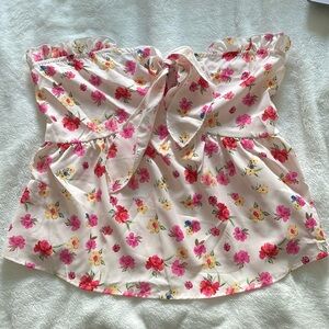 Strapless Floral Pink and White Ruffle Blouse